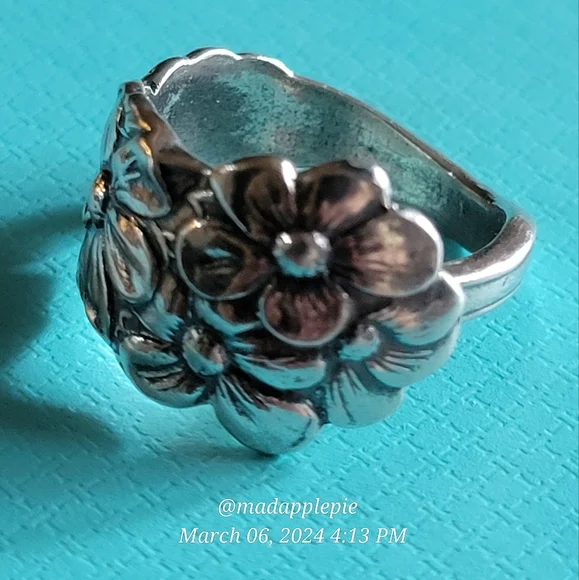 Antique Vintage Forget Me Not Spoon Ring in Sterling Silver Luxury Designer - Picture 4 of 16